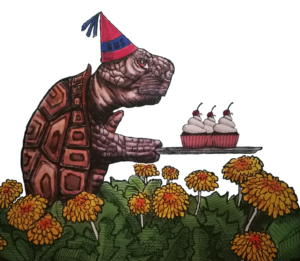 Logo der App "SPickzettel Hessen". Eine Schildkröte mit Alumnihut und 3 Törtchen auf einem Tablett.